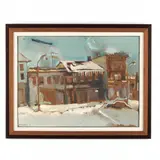 Street Scene in Snow by Sterling Strauser, Oil on board, sold Apr 2022