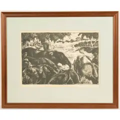 Elephant Hunt in Congo Forest by Paul B. Travis, 1936, Lithograph, offered May 2026