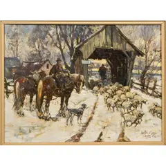 Winter Scene with Covered Bridge and Figures by Leslie Cope, Oil on Canvas, offered Mar 2026