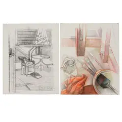 Untitled Landscape and Still life,Conte crayon on paper / by Shirley Aley Campbell, Pastel on paper, offered Mar 2025