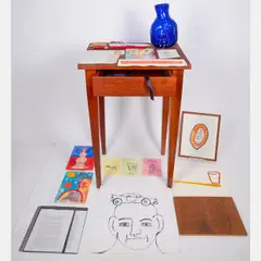 Vermillion years, Sculpture assemblage, cherry wood table with drawer, blown glass, drawings and paper by Robin Winters, collage, offered Nov 2024