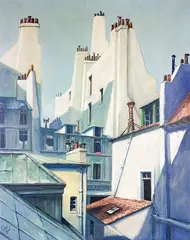 Untitled by Richard Whorf, Oil on Canvas Depicting Buildings W/ Chimneys, offered Sep 2023
