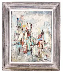Abstract by Leo Villafana, Oil on masonite, offered Dec 2020
