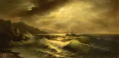 Ship at Stormy Seas by Eugene Garin, oil on canvas, sold Nov 2025