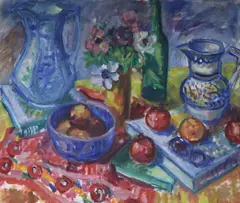 oil on canvas, table top still life, signed and dated 1982, 24 x 28in. by E. G., 1982, oil on canvas, sold Jul 2018