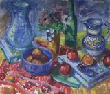 oil on canvas, table top still life, signed and dated 1982, 24 x 28in. by E. G., 1982, oil on canvas, offered Jul 2018