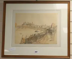 View of the Tiber, Rome, monogrammed with Spink label verso, 10 x 14.5in by Henry Rushbury, pencil and watercolour, sold Jul 2018