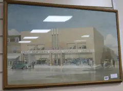 Architectural sketch for Great Northern Motors by Augustus Bryett, 1936, pencil and watercolour, sold Jul 2018