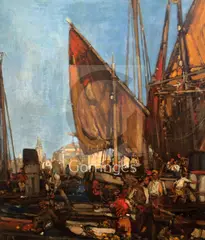 Fine Art Society label verso 27.5 x 23.5in by Frank Brangwyn, oil on canvas, sold Jun 2018