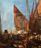 Fine Art Society label verso 27.5 x 23.5in by Frank Brangwyn, oil on canvas, sold Jun 2018