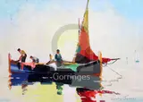 Dawn, fishermen off French coast, St Tropez' signed and inscribed verso, 10 x 14in by Cecil Rochfort D'Oyly-John, oil on canvas, sold Jun 2018