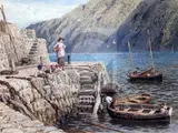 WatercolourFigures on a jettymonogrammed7 by Myles Birket Foster, watercolour, sold Jun 2018