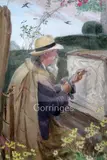 Exh.1898-1940 watercolour William Shackleton in his garden carving a sculpture label verso 18.5 x 13in by May Furniss, watercolour, sold Jun 2018