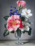 White and blue flowers in a glasssigned by James Noble, oil on canvas, sold Jun 2018