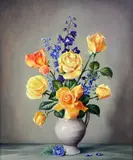 Fresh Roses with a Spray of Delphiniums' signed 60 x 50cm by James Noble, oil on canvas, sold Jun 2018