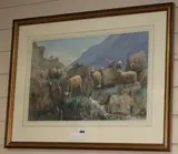 Sheep on the hillside by Edward Van Goethem, watercolour, sold Jun 2018