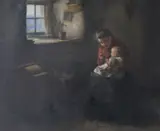 Mother and child in an interior by Henry John Dobson, oil on canvas, sold Jun 2018