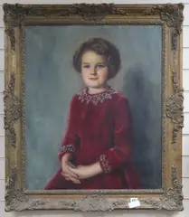 Portrait of a girl in a red dress by Maurice Litten, oil on canvas, sold Jun 2018