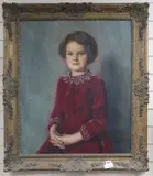 Portrait of a girl in a red dress by Maurice Litten, oil on canvas, sold Jun 2018