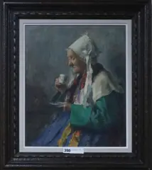 A Breton woman drinking tea by Emil Simon, oil on board, sold Jun 2018