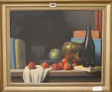 Still life of fruit, a bottle and books by Christopher Cawthorn, oil on canvas, sold Jun 2018