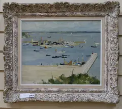 Fishing boats in harbour by Raymond Wintz, oil on canvas, sold Jun 2018