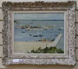 Fishing boats in harbour by Raymond Wintz, oil on canvas, sold Jun 2018