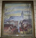 Church viewed across rooftops by Kurt Kühn, 1949, oil on board, sold May 2018