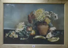 Still life with fruit and chrysanthemums in a by Eleanor Winter, 1904, watercolour, sold May 2018