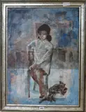 Study of a seated girl and cat by Eva Fischer, oil on canvas, sold May 2018