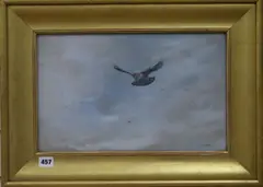 Kestrel in flight, Rembrandt Gallery Exhibition label verso dated 1909 by George Edward Lodge, 1909, watercolour, sold May 2018