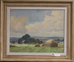 Haystacks in a landscape by Charles H. H. Burleigh, oil on canvas, sold Apr 2018
