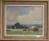 Haystacks in a landscape by Charles H. H. Burleigh, oil on canvas, sold Apr 2018