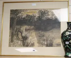 Lake scene by John O'Connor, ink and watercolour, sold Apr 2018