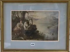 Flora MacDonald and a harpist watching the escape of Prince Charles Edward Stuart by Paolo Priola, watercolour and gum, sold Apr 2018