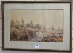 Figures beside loch gates by Samuel Austin, watercolour, sold Apr 2018