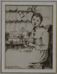 Interior with woman sewing by Edward Stott, 1885, ink, sold Apr 2018