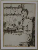 Interior with woman sewing by Edward Stott, 1885, ink, sold Apr 2018