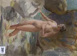 Nude in a rock pool, 35 x 25cm by Reginald Robert Tomlinson, oil on canvas board, offered Mar 2018