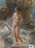 Nude in a rock pool, 35 x 25cm by Reginald Robert Tomlinson, oil on canvas board, sold Mar 2018