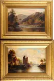 Sailing boats with a heavy load mooring along a river bank by George Willis-Pryce, and another oil on canvas of an mountainous river landscape by the same hand (2), sold Feb 2012