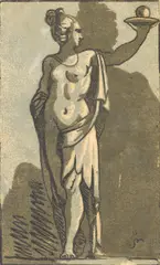 Standing woman holding a sphere on a platter by John Skippe, Chiaroscuro woodcut, after Parmigianino, on laid, sold Feb 2012