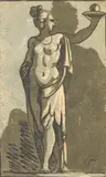 Standing woman holding a sphere on a platter by John Skippe, Chiaroscuro woodcut, after Parmigianino, on laid, sold Feb 2012