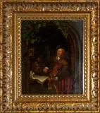 Man playing a violin at the window of an inn by European School, 19th Century, oil on board,, offered Feb 2012