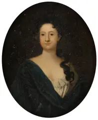 Portrait of a woman, possibly Catherine, Countess de Cunha, half-length, in a white dress and blue shawl by English School, oil on canvas, oval, sold Feb 2012