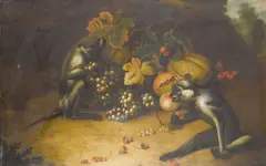 Two monkeys playing with grapes and strawberries, before a landscape by Tobias Stranover, oil on canvas, sold Feb 2012