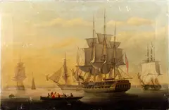 Shipping in a harbour by English School, oil on canvas (unframed), sold Feb 2012