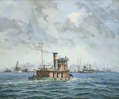 Untitled (Urban Coastline with Ship) by William Goadby Lawrence, oil on canvas, sold Mar 2023