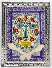 Untitled (Skull) by Rodolfo Morales, mixed media collage (paper and fabric), sold Apr 2023