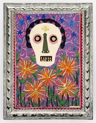 Untitled (Skull with Flowers) by Rodolfo Morales, mixed media collage (paper and fabric), sold Apr 2023
